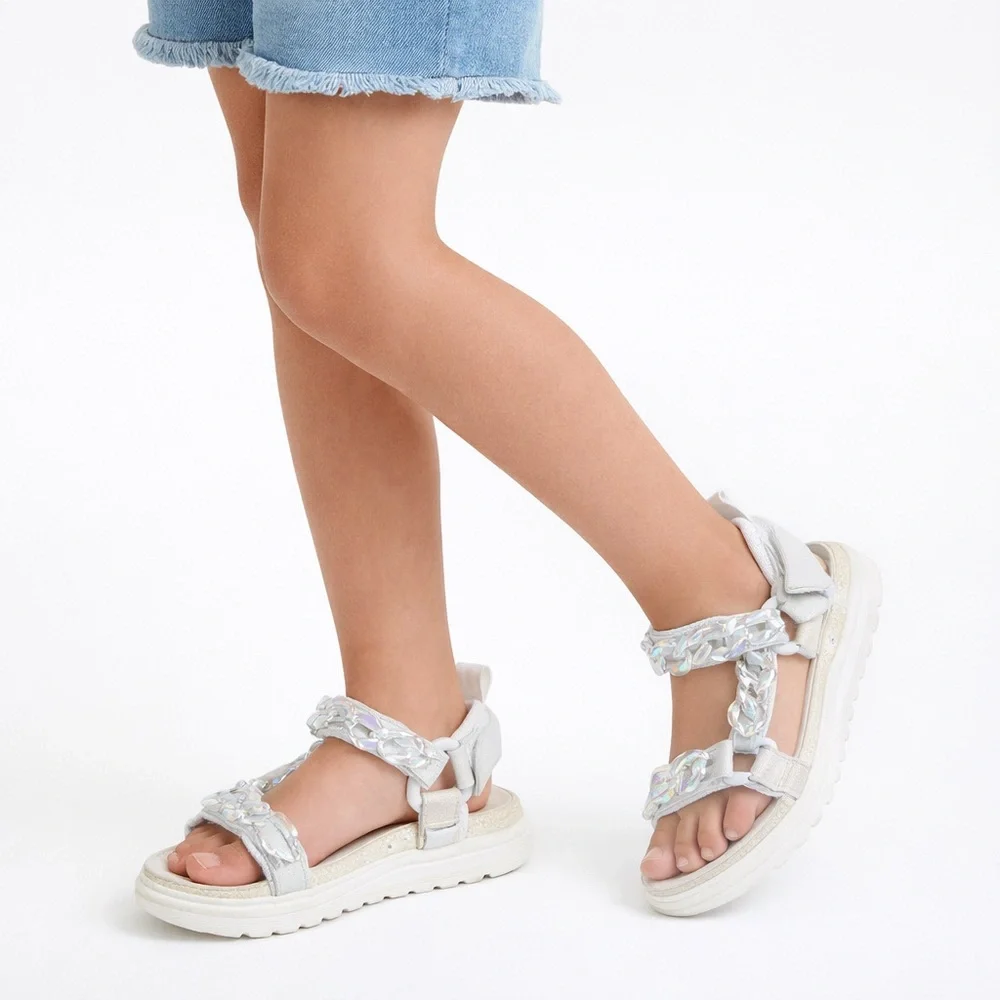 Justice Girls Sandals Size 3 White Iridescent Chain Platform NWOT